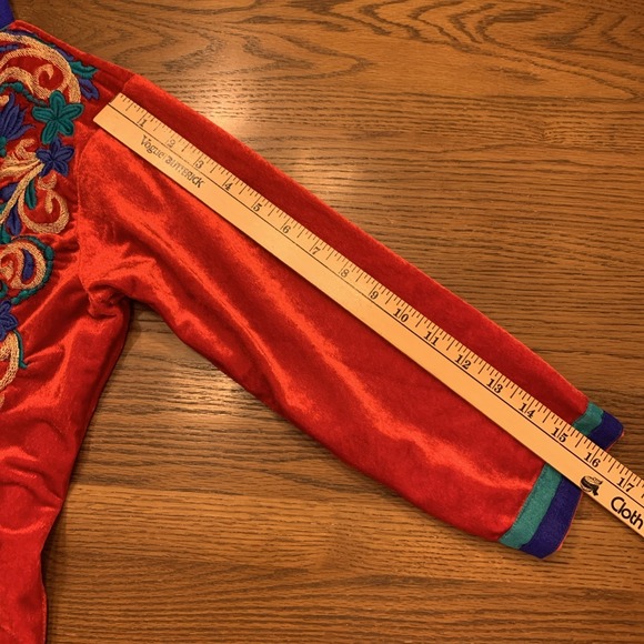 Red Velvet Multicolor Floral Embroidered Long Tunic Top Boho Kurta Sz S/XS - Picture 10 of 12